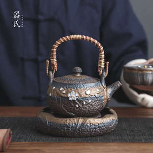 粗陶鎏银茶壶复古提梁壶陶瓷侧把壶家用功夫茶具单壶泡茶壶 器氏