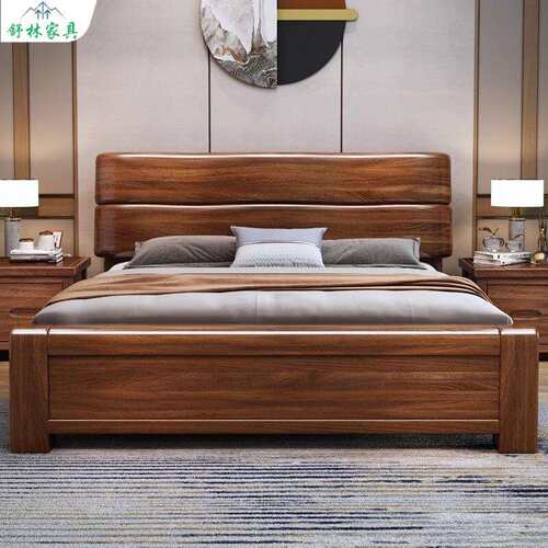 中式胡桃木实木床1.8米双人床1.5米现代简约主卧高箱储物家用婚床