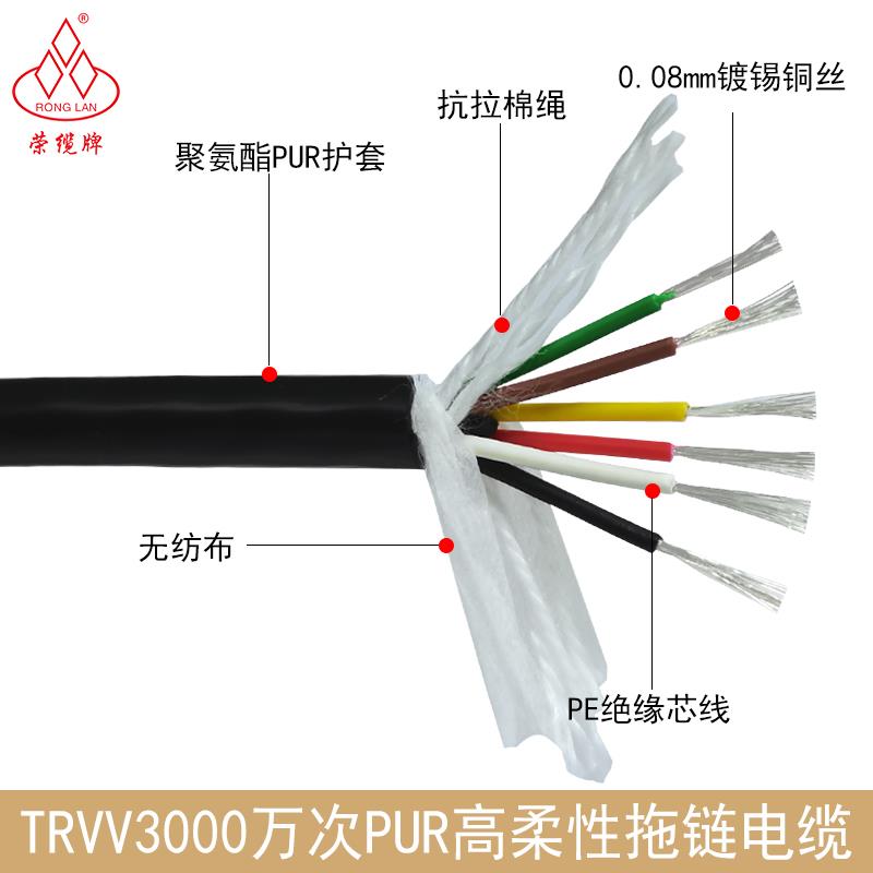 荣缆耐油聚氨酯pur拖链电缆 TRVV 2 3 4芯0.20.5高柔性拖链电缆线