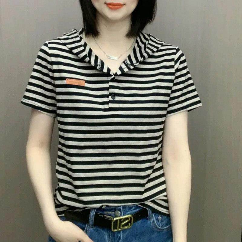 条纹短袖t恤女子薄夏季新欧洲宽松设计纯棉顶部瘦身看连帽运动衫
