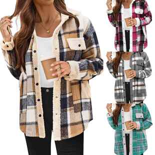 Women's plaid jacket with a lapel fleece jacket
