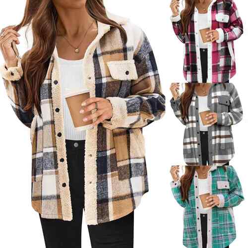 Women's plaid jacket with a lapel fleece jacket