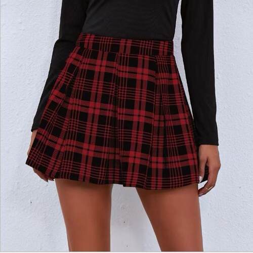 Splicing plaid pleated skirt with waist cinching half