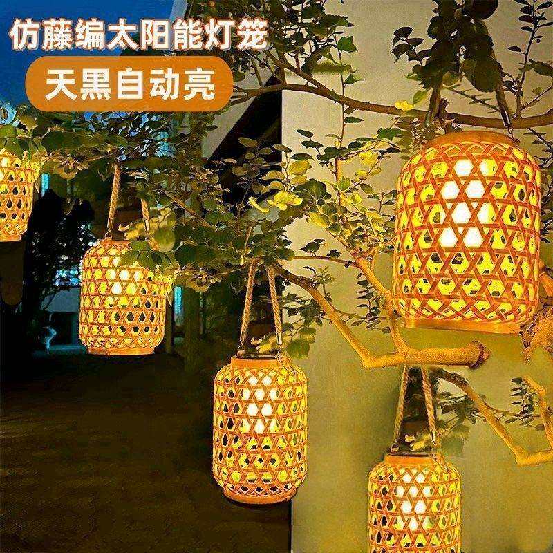 仿竹编太阳能麻绳藤编灯笼复古庭院花园户外装饰氛围吊灯阳台桌灯