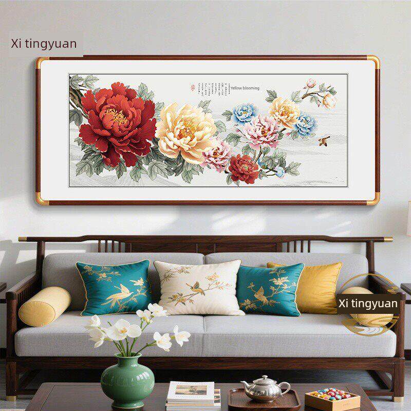 牡丹花客厅挂画《花开富贵》沙发背景墙装饰画《新中国风》旗帜中