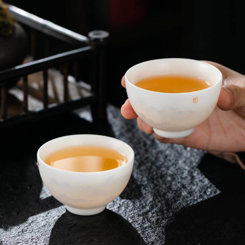 新中式冰种素烧羊脂玉手绘水墨陶瓷对杯主人杯山水如画茶盏品茗杯