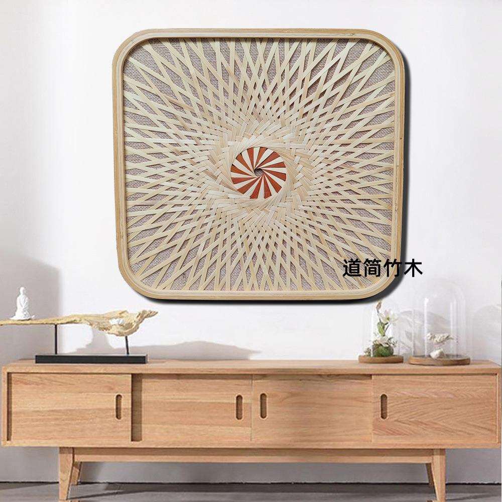 北欧风纯手工实物装饰画复古茶楼背景墙圆形竹编画框民宿餐厅挂画