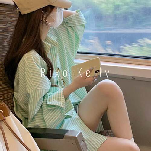 Rixo Kelly高级绿色条纹衬衫女夏季新款宽松薄款外搭开衫防晒上衣