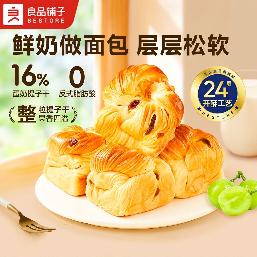 良品铺子旗舰店鲜奶提子千层包手撕面包吐司24层葡萄干代早餐整箱