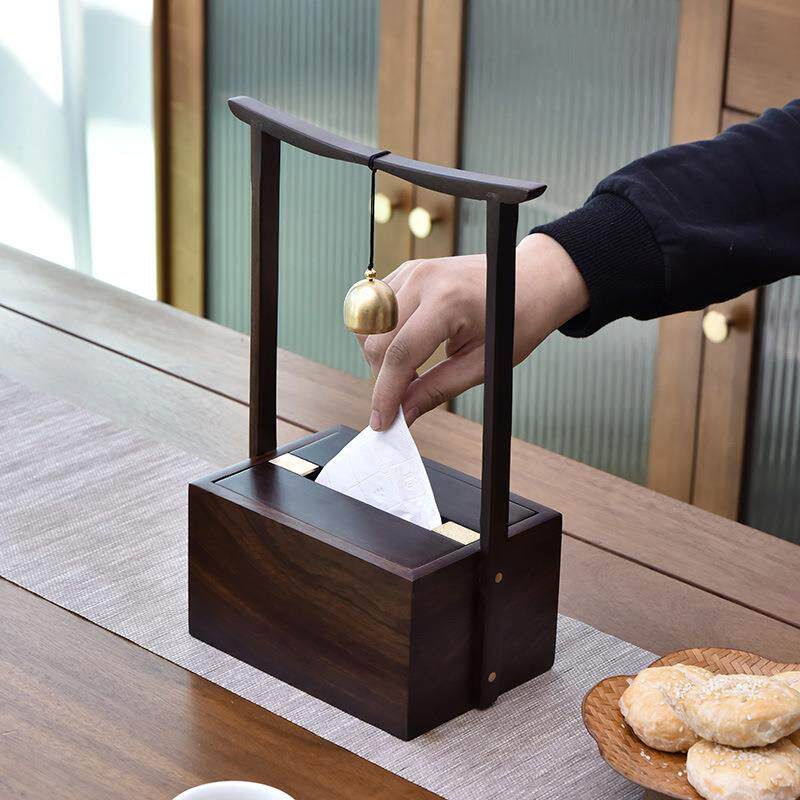 实木纸巾盒黑檀木胡桃木原木中式复古提梁抽取式收纳家居客厅摆件