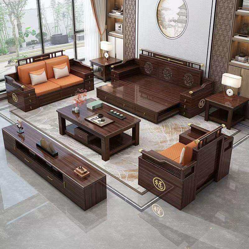 新中式沙发罗汉床实木紫金檀折叠沙发床推拉可伸缩储物客厅沙发床