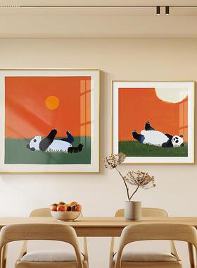 熊猫正方形餐厅装饰画橙色饭厅餐桌双联挂画日式卡通客厅玄关壁画