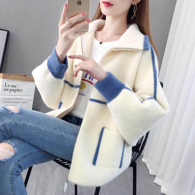彷水貂绒毛衣外套女春秋2025新款韩版宽松慵懒风短款拉炼针织开衫