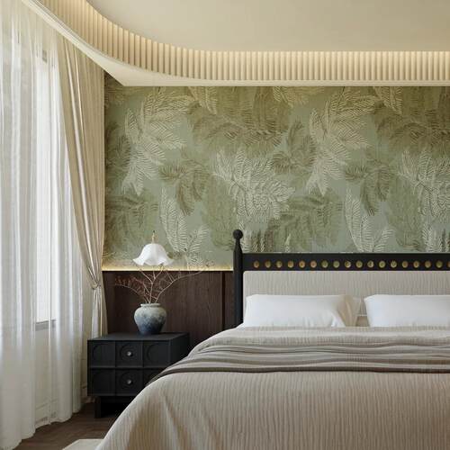 定制无缝墙布美式覆古绿色系植物叶子电视客厅沙发背景墙壁纸