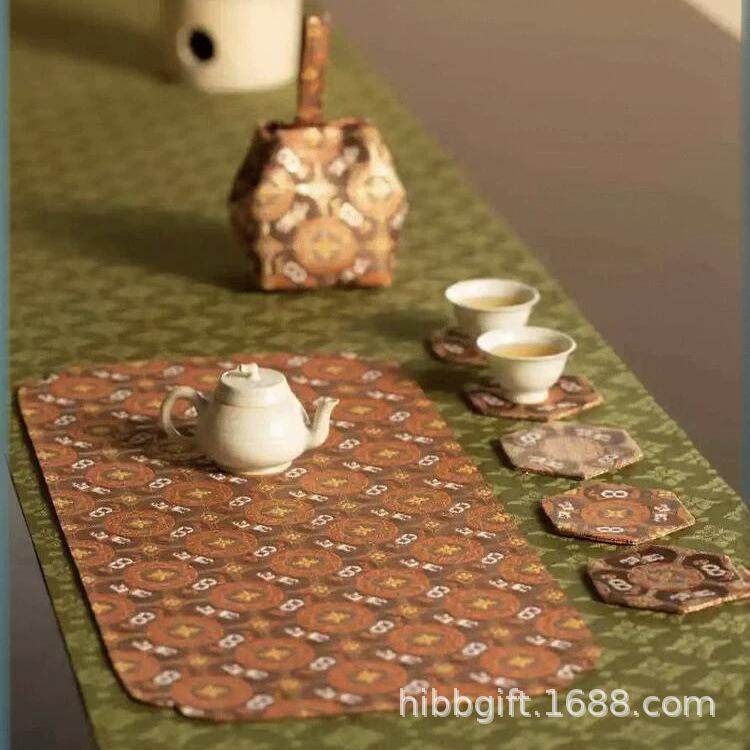 知舍新品八宝团窠纹干泡席复古中式茶桌台布垫子双面禅意布艺桌旗