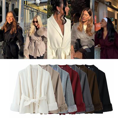 Women's fur patchwork lace up woolen jacket