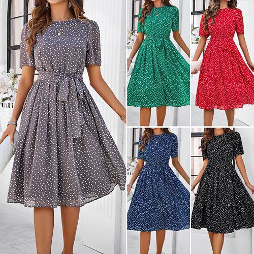 Women's polka dot lace up long skirt dress