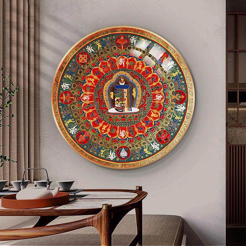 唐卡装饰画佛堂、大殿、进殿画、藏式曼陀罗、圆挂画、六字咒、民