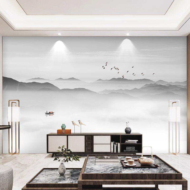 中式山水画碳晶板电视背景墙护墙板水墨意境客厅沙发竹木纤维墙板