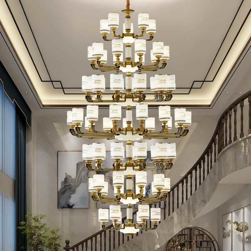 新中式大吊灯挑空中空吊灯复式楼别墅酒店工程灯具真玉石客厅灯