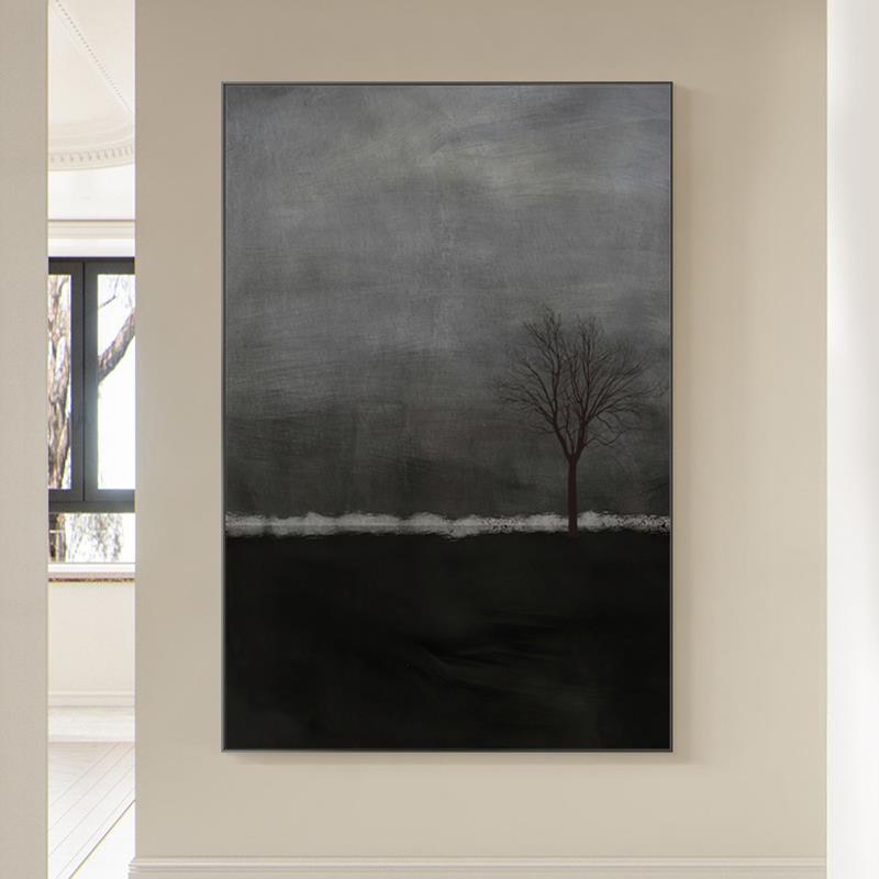 现代简约餐厅卧室挂画沙发背景墙工业风黑白灰风景树木装饰画壁画图片