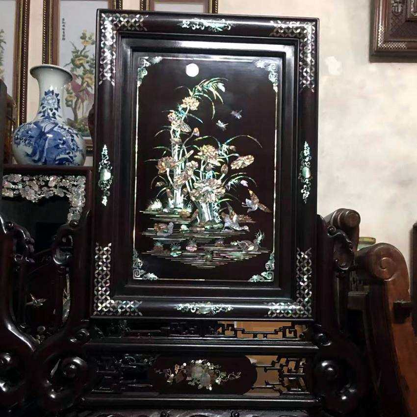 贝壳螺钿镶嵌玄关屏风实木鲍鱼贝雕桌面小屏风新古典家居贝饰摆件