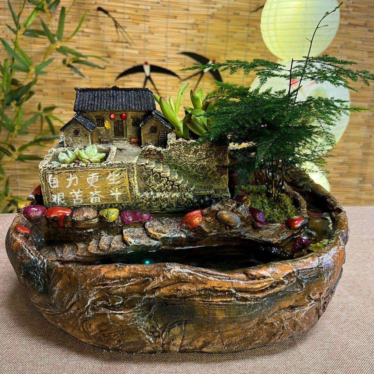 创意桌面景观鱼缸流水摆件循环水客厅景农家小院招财流水鱼缸喷泉