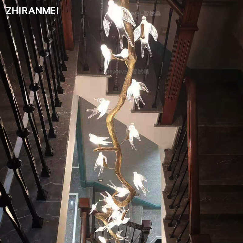 新中式轻奢水晶灯全铜别墅复式楼梯客厅长吊灯loft小鸟设计感灯具,家装灯饰光源,客厅吊灯,淘宝优惠券,粉丝福利购,淘宝优惠卷