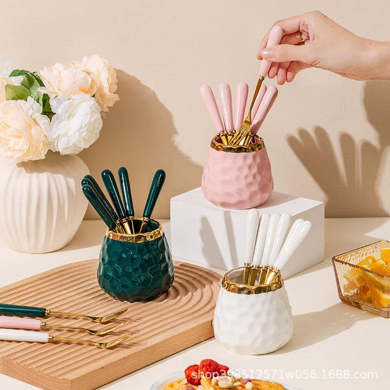 水果叉勺高颜值陶瓷收纳罐套装创意不锈钢水果叉家用叉子网红爆款