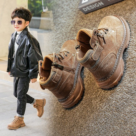 儿童短靴靴子2023秋冬季男童单靴马丁靴，中大童加绒棉童鞋