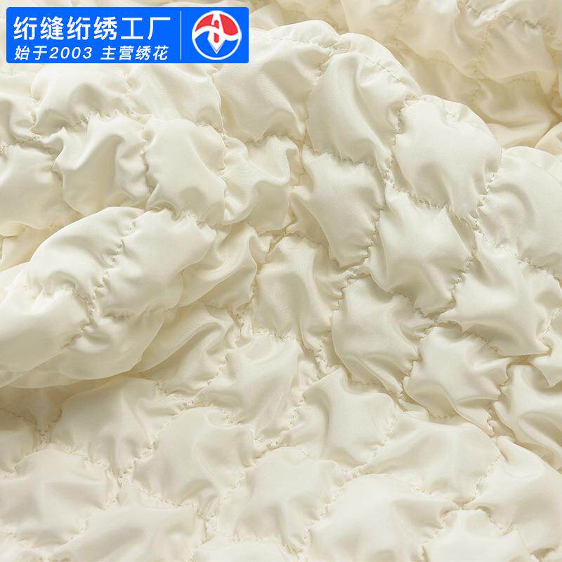绣花面料300T春亚纺米色云朵褶皱箱包面料弹力夹棉布刺绣布料