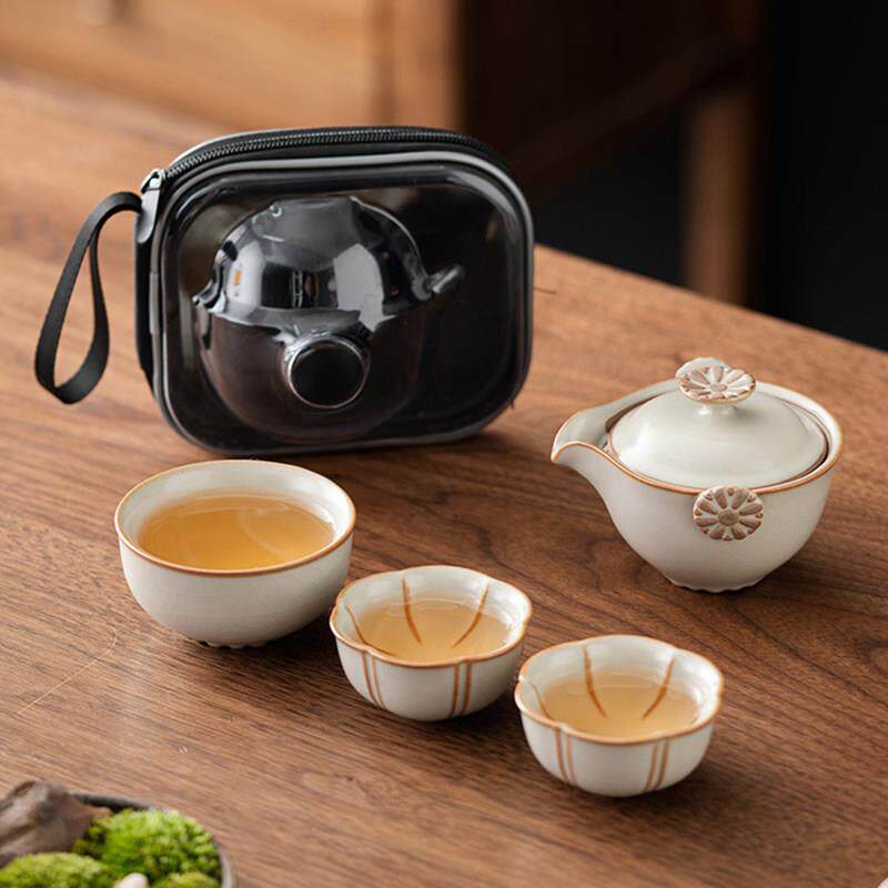 米黄汝窑快客杯便携式泡茶壶 户外旅行茶具小套装简易随身带