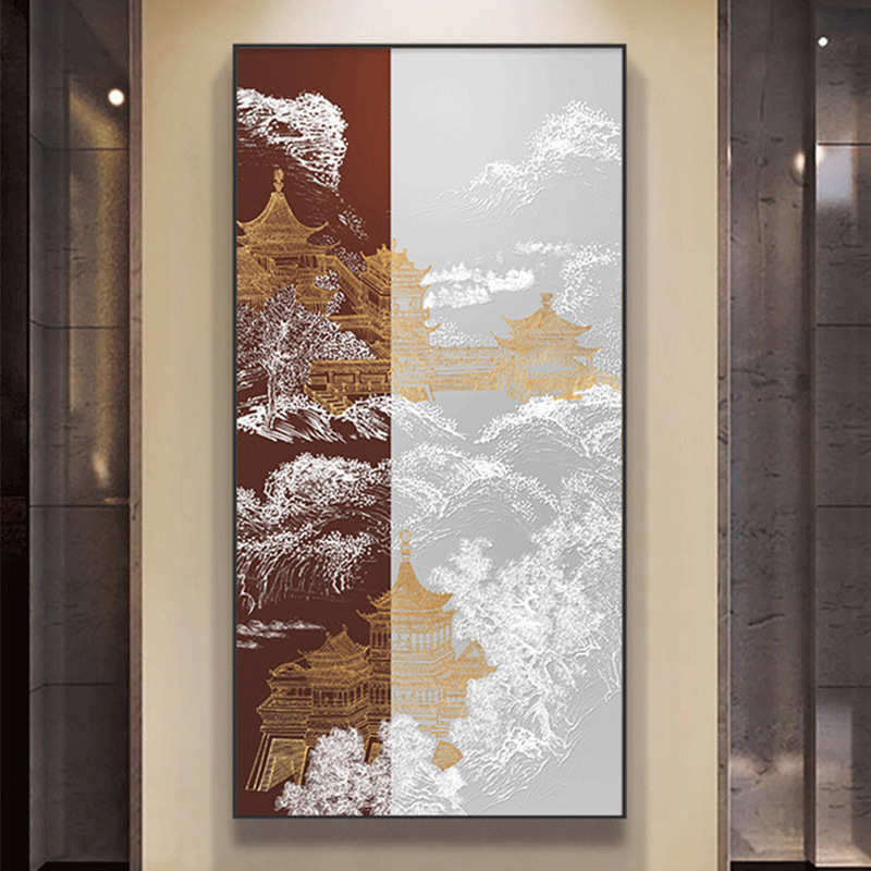新中式建筑入户玄关装饰画中国风客厅过道挂画禅意山水画竖版壁画图片