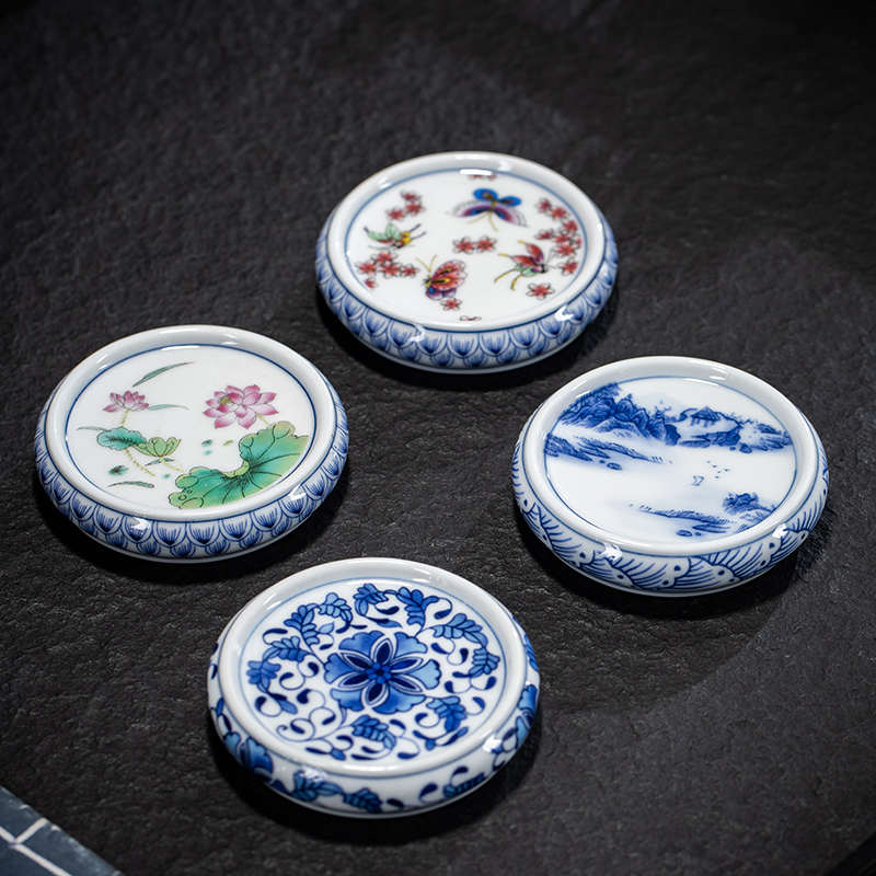仿古青花瓷杯垫杯托复古陶瓷茶盖托盖置隔热防烫壶承功夫茶具配件