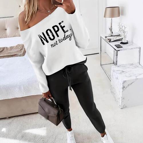 2 Piece Outfit Nope Not Today Print Skew Neck Long Sleeve
