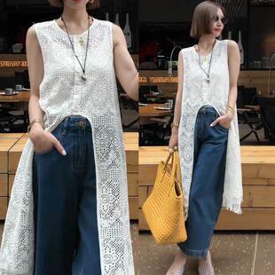 欧洲站无袖镂空钩花长款蕾丝连衣裙女2026年夏季新款设计开叉罩衫