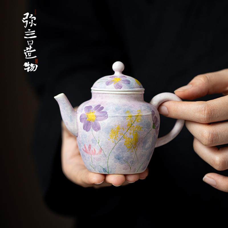 弥言创意手绘格桑花茶壶纯手工陶瓷手捏壶单壶带过滤球孔功夫茶具