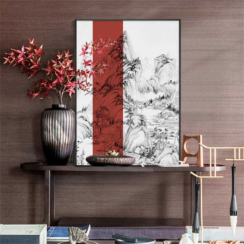 锦绣东方 新中式轻奢玄关装饰画水墨山水挂画样板房卧室客厅壁画
