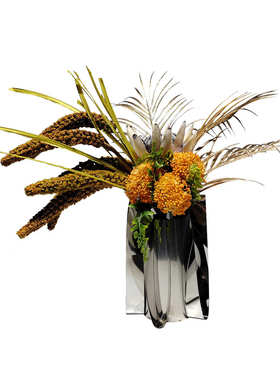 轻奢高端橙色干花不锈钢花瓶摆件样板房客厅餐桌茶几软装花艺摆设