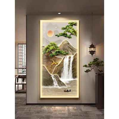 玄关装饰画新中式山水led灯画迎客松入户走廊过道挂画高级感壁画