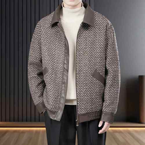 皮料拼接男士毛呢夹克外套秋冬季2025新款加棉加厚高级感休1218e