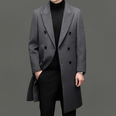 高档男毛呢毛大衣双排时尚羊呢子风PZW士衣长款过膝休闲西装外扣