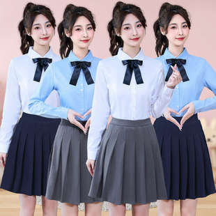 幼儿园教师园服白衬衫套装裙春秋装长袖职业老师工作服幼师服百褶