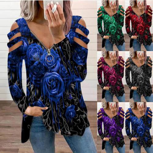 Women's liquid rose hollow long sleeved zipper collar