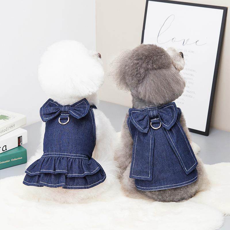 春夏宠物衣服大领结牛仔套装可挂牵引绳博美狗狗不含水洗牛仔短袖