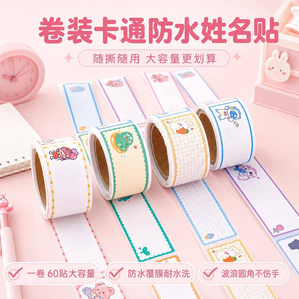 学生姓名贴纸学生卡通胶带姓名贴纸 创意多功能留言索引贴ins儿童可爱手写标签贴卷状装饰贴60贴自粘高端贴纸