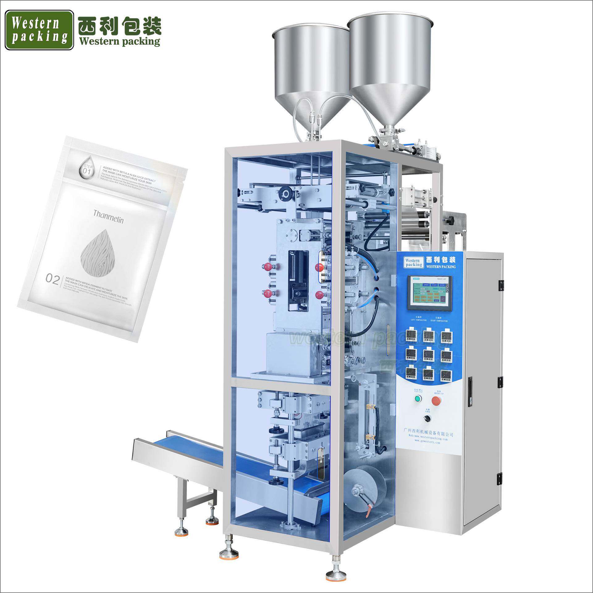 双列液体包装机膏体包装机洗发水+沐浴露双料包装机双联包灌装