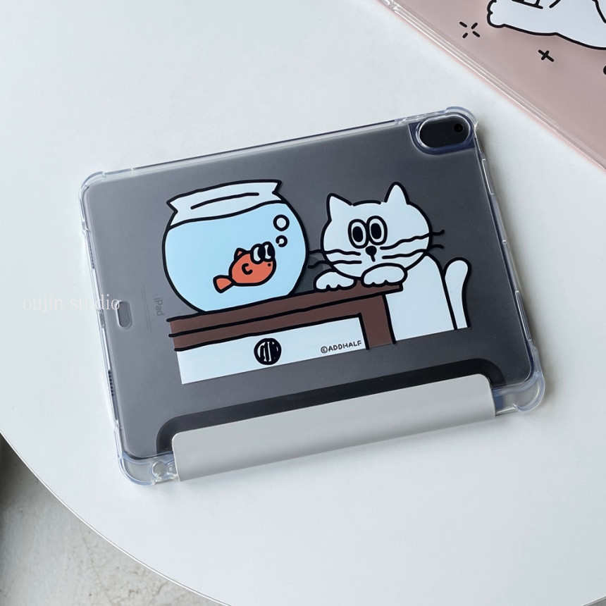 精品韩国ins小众设计可爱呆萌猫咪鱼缸插画皮套适用平板电脑iPad保护壳2025/11代air5平板套防摔软壳带笔槽支