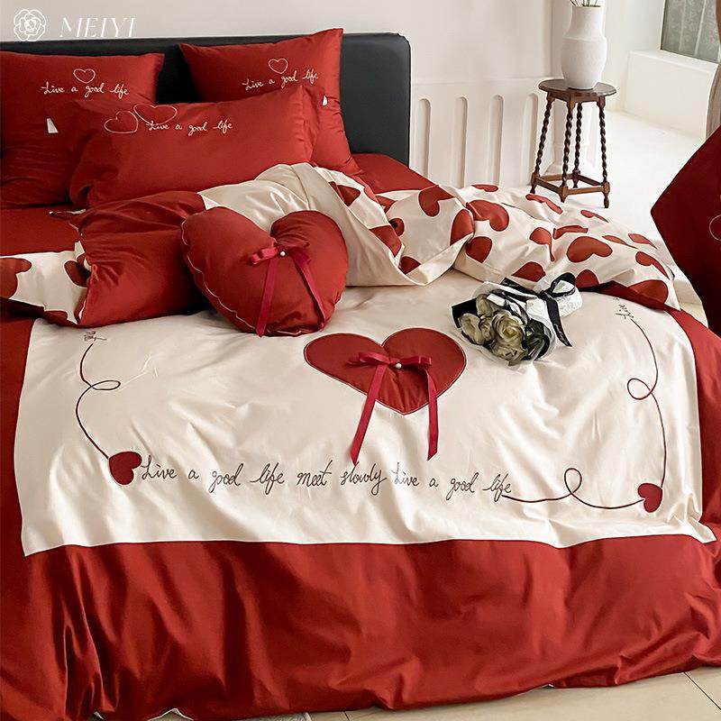 双面绣花结婚床上四件套全棉纯棉100S长绒棉婚庆喜被床品