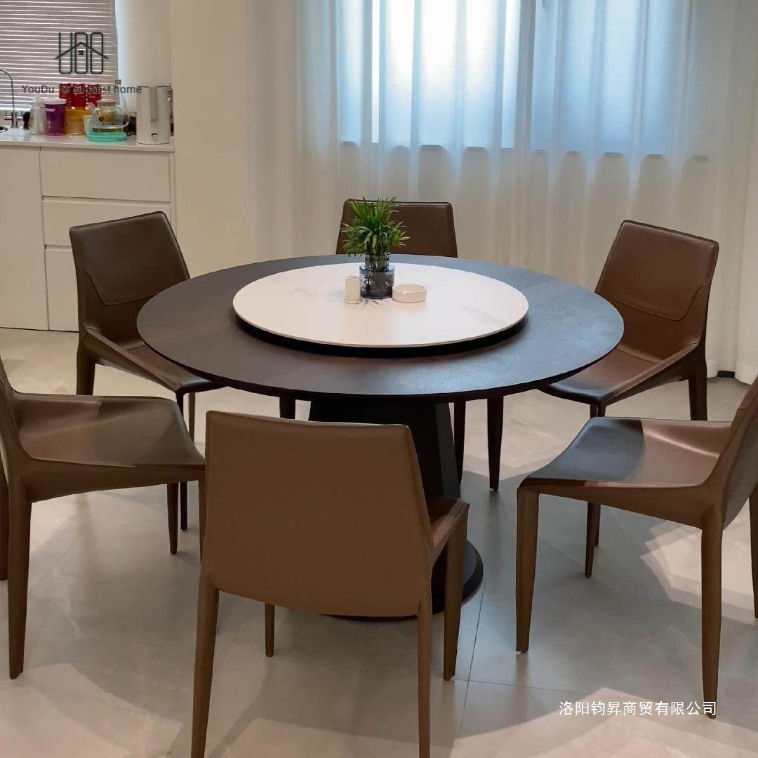 意式极简实木餐桌椅组合家用小户型旋转圆形桌带转盘岩板吃饭桌子